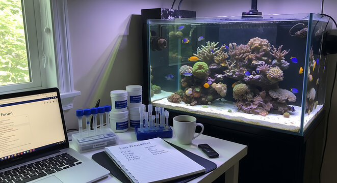 Productive morning workspace with marine aquarium and water testing kit by window
