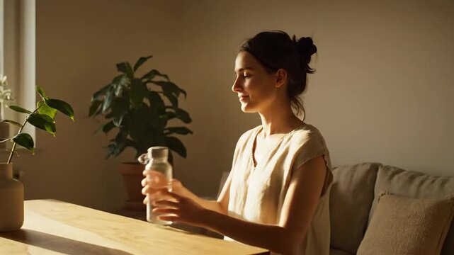 Woman drinking water at a table in a sunlit room.