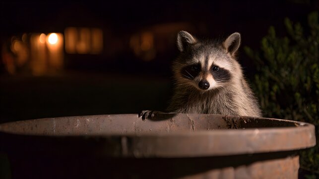 Clever raccoon peeking from large terracotta pot at night with warm outdoor lighting