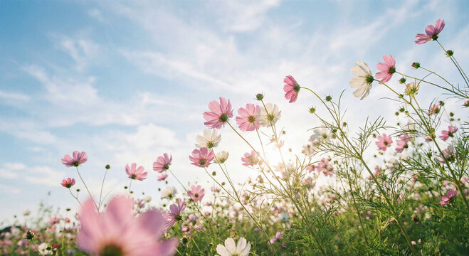 Vibrant pink and white cosmos flowers swaying gently in a lush green field under a serene blue sky with wispy clouds on a sunny day