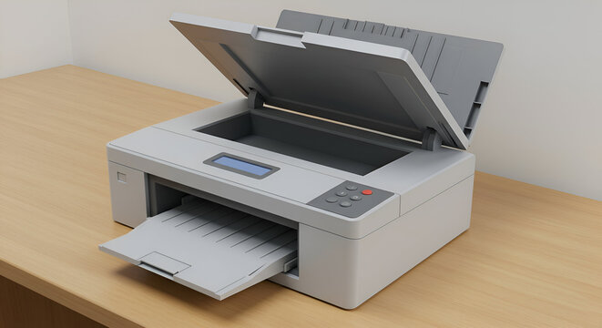 Gray multifunction printer with open lid on light wooden surface. Modern device with controls and output tray accessible, in a home office setting.