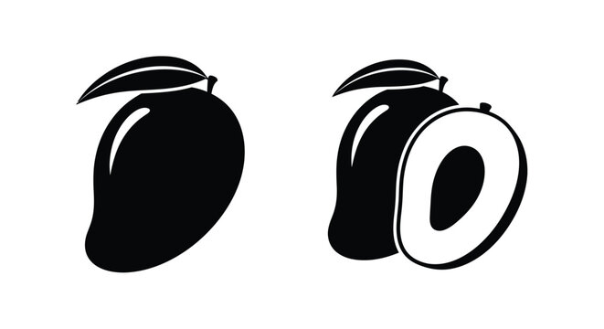 Two mangoes one whole and one halved in black silhouette