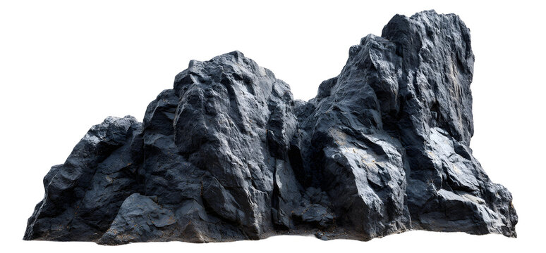 Rugged dark gray rock formation showcasing dramatic textures and sharp angles isolated on transparent background ready for digital compositing and graphic design projects