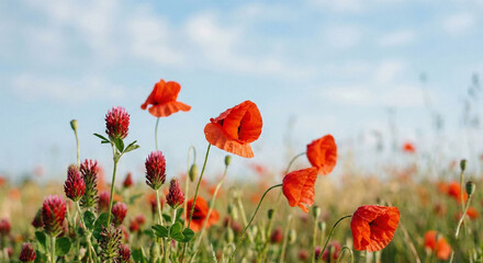 Obraz premium Vibrant red poppies and crimson clover flowers bloom in a lush green meadow under a serene blue sky with white clouds on a sunny day in summer