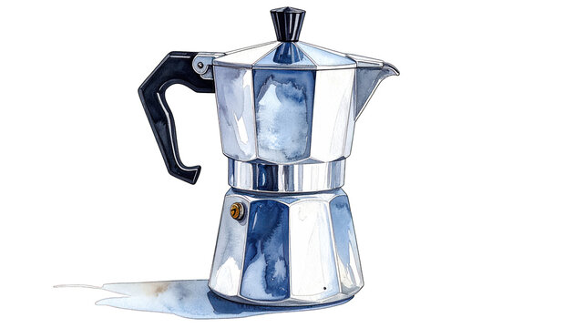 A stainless steel stovetop espresso maker with a black handle on a white background, captured from a front viewpoint, showcasing its design and coffee brewing functionality