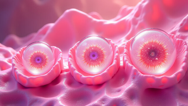 Row of rounded cellular forms with central nuclei aligned along soft biological membrane in stylized biomedical microscopic illustration