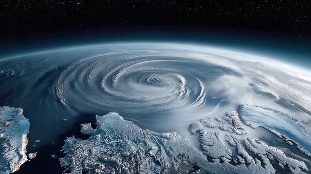 Massive hyperrealistic cyclone swirling over snow-covered arctic islands and dark blue oceans from space dramatic natural phenomenon