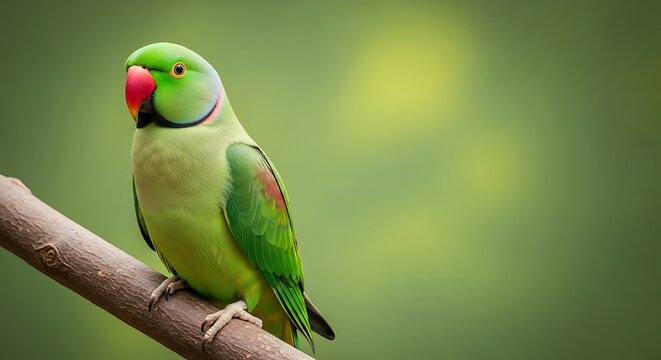 A vibrant green Indian ringneck parrot perched on a branch with a blurred green background, showcasing its colorful plumage and distinct red beak