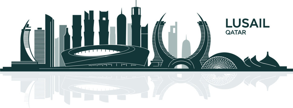 Lusail Qatar city skyline silhouette vector illustration featuring iconic modern architecture stadium and landmarks with water reflection for travel tourism and business design.