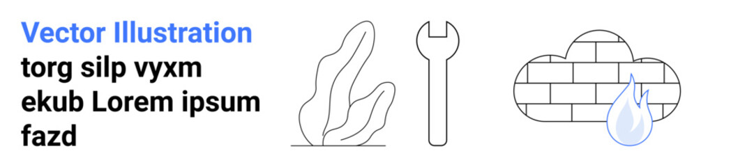 Obraz premium Repair tools, environmental care, sustainability, climate, construction industry, and water conservation. Wrench, leaves brick cloud and water droplet. Repair tools and environmental care concepts