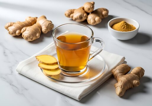 Ginger tea with fresh ginger root on marble background