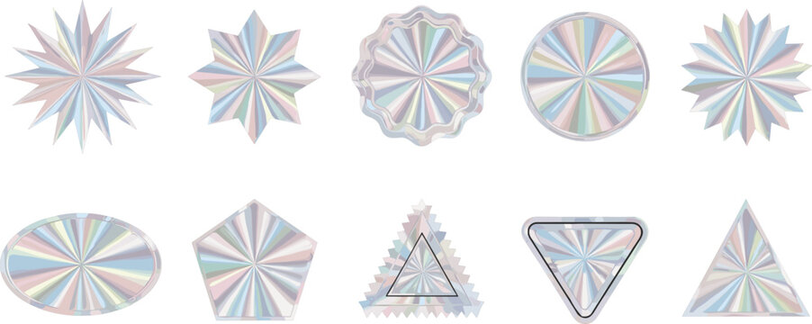 Holographic sticker badge collection with iridescent foil metallic texture and geometric star shapes for Y2K aesthetic trendy fashion brand label design elements