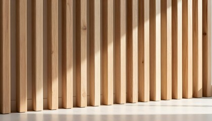 Obraz premium Natural wood slat wall with soft sunlight casting shadows, creating a warm and inviting atmosphere