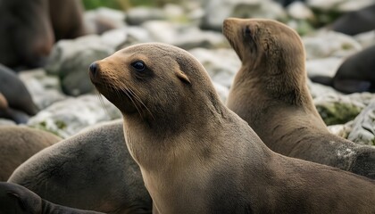 Obraz premium Close-up of a brown fur seal resting on a rocky shore with other seals in the background