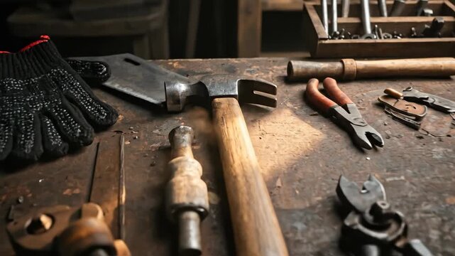 Close up view of assorted hand tools on a rustic wooden workbench in a workshop with dramatic lighting.