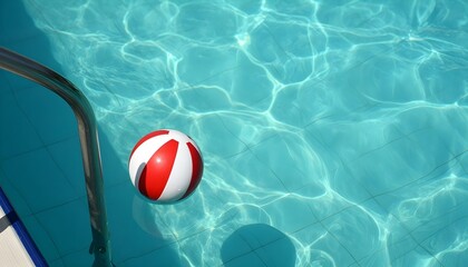 Red and white striped ball floating in clear blue swimming pool water with sunlight reflections