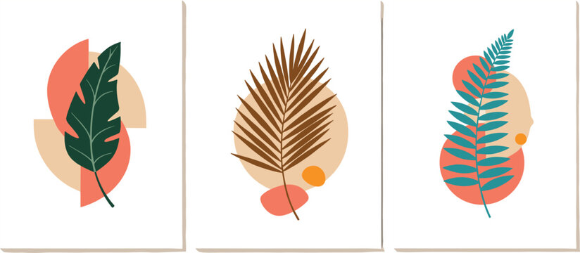 Set of three botanical wall art templates with tropical leaves and abstract geometric shapes in a modern boho minimalist style.