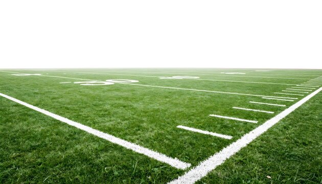 American football field with yard lines and numbers on green grass, wide angle view