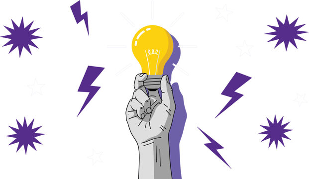Human hand holding a glowing yellow lightbulb surrounded by purple lightning bolts and stars representing a creative spark and business innovation.