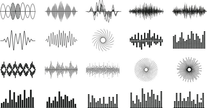 Large collection of black vector audio sound waves music equalizers and digital frequency signals for podcasting radio recording studio and electronic music visualization.