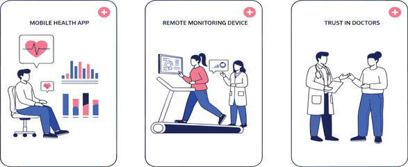 Digital Health Technology Illustrations Featuring Mobile Health App Remote Monitoring Device with Patient on Treadmill and Trust in Doctors Concept Vector