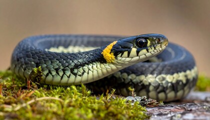 Fototapeta premium A coiled snake with yellow neck markings rests on moss, facing right, in natural outdoor light