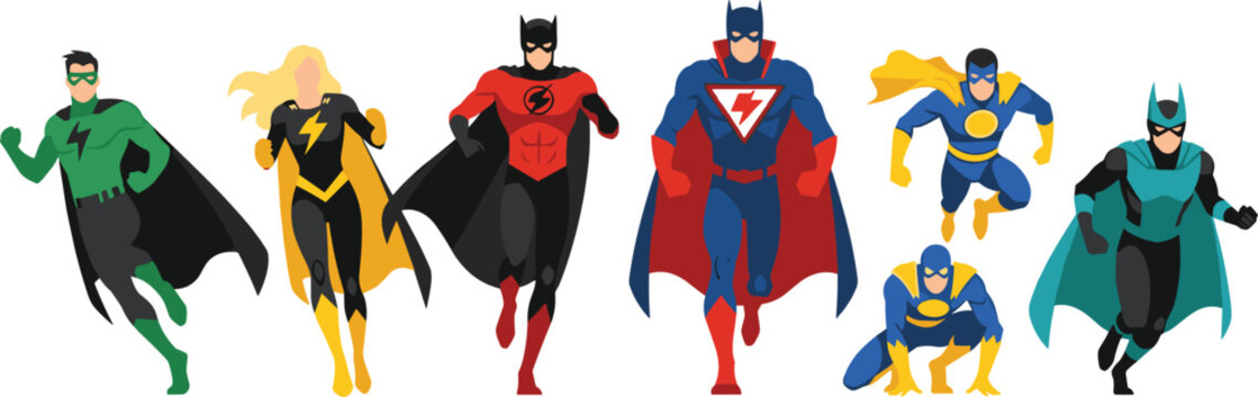 Flat vector illustration set of superheroes in colorful costumes and capes including characters running flying and in powerful action poses for comic book design.