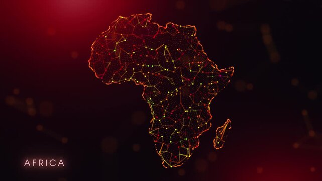 A dynamic motion video showcasing the Africa Continent border through a colorful plexus reveal. Glowing red and orange dots represent high-tech data communication and global digital networks.