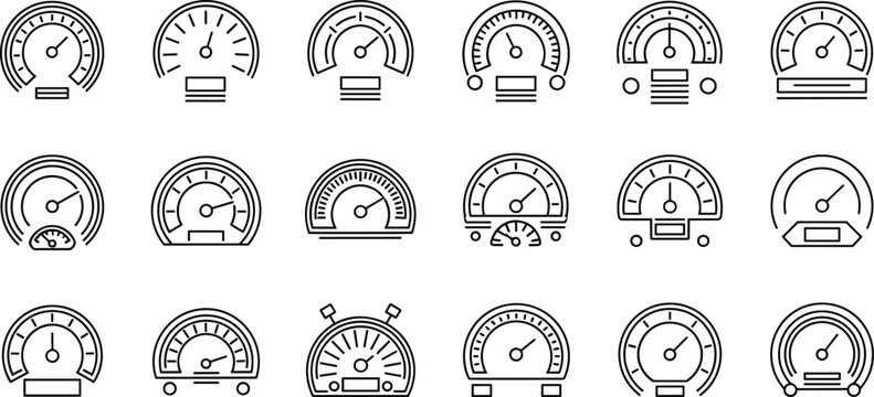 Automotive speed gauge icons collection in linear style for car dashboard and performance monitoring design