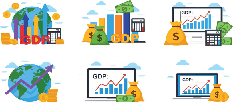 Global GDP economic growth concept with world globe financial charts money bags and bar graphs for market analysis vectors.