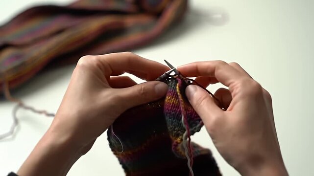 Hands knitting colorful striped fabric with two metal needles on a white surface