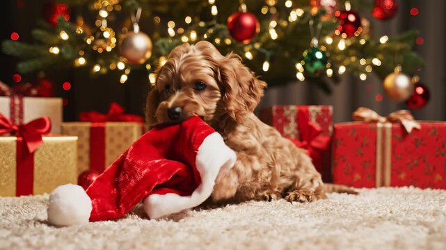 クリスマスツリーの下でサンタ帽子と遊ぶ子犬の愛らしい表情