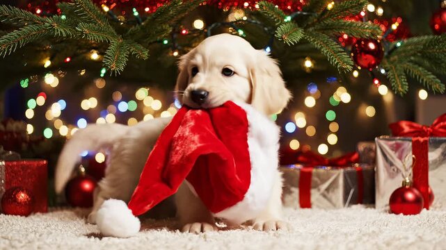 クリスマスツリーの下でサンタ帽子と遊ぶ子犬の愛らしい表情