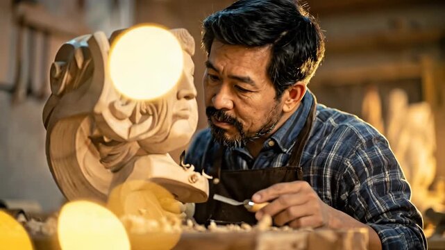 Skilled artisan carving intricate wooden sculpture in workshop with focused expression and detailed craftsmanship.