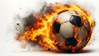 Naklejka premium Soccer ball engulfed in flames and smoke, symbolizing intense competition and passion