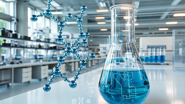 selective focus animated dna helices and molecules moving in futuristic lab environment