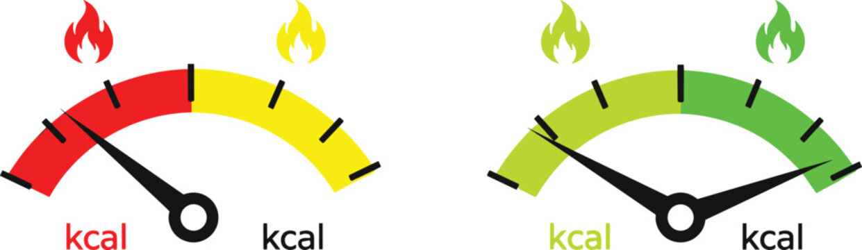 Two energy calorie meters with flames indicating kcal measurement on transparent background for fitness and diet