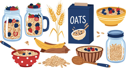 Flat vector illustration set of healthy oatmeal breakfast featuring overnight oats in glass jars bowls with berries banana slices a box of oats and wheat stalks. © MdGohurul