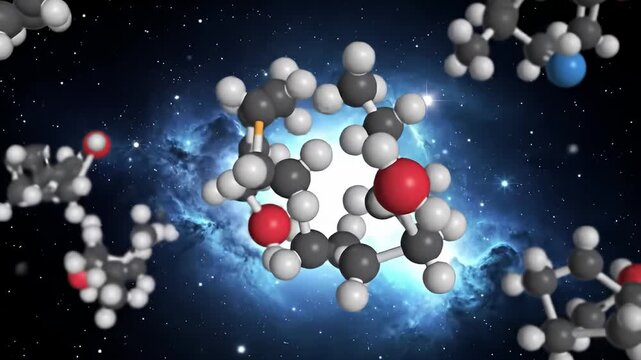 Atom-like molecular structures float against a cosmic background, in a dark field
