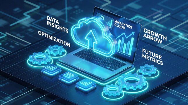 Business analytics and data insights on modern laptop with cloud computing