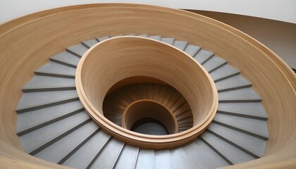 Fototapeta premium Modern spiral staircase with smooth wooden banister and concrete steps descending into darkness