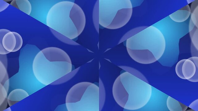 Abstract blue kaleidoscopic pattern with translucent circular bubbles creating a mesmerizing and symmetrical digital art background.