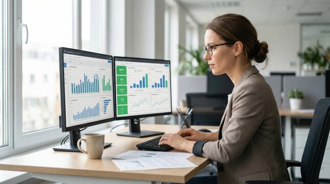 Focused businesswoman analyzing data on dual monitors in modern office