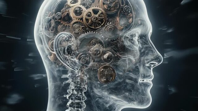 Transparent head profile reveals intricate gears and spinal column