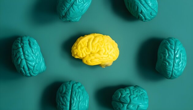 One bright yellow brain stands out from a group of teal brains on a teal background