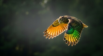Fototapeta premium Golden Owl Mid-Flight Displaying Vibrant Green and Orange Feathers in the Wilderness
