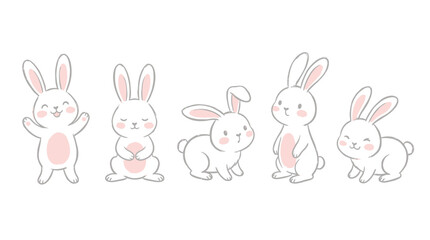 Fototapeta premium Pastel Bunny Characters Vector – Adorable Rabbits in Sitting, Standing, and Flower-Holding Poses for Easter Stickers, Kids’ Crafts, and Spring Design Projects