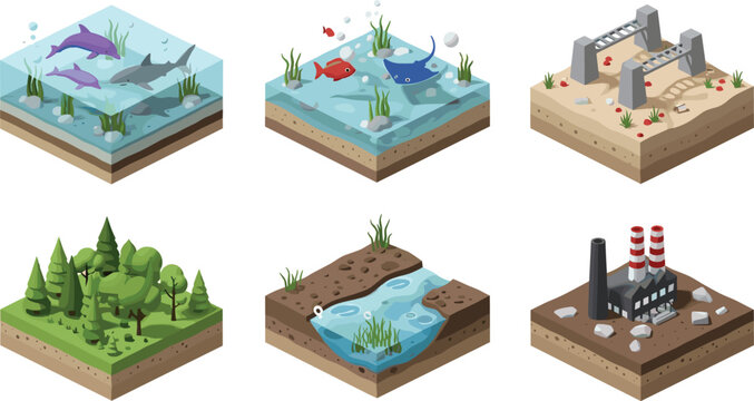Set of isometric 3D ecosystem icons featuring marine life ocean forest river desert and industrial factory pollution on terrain cross sections.