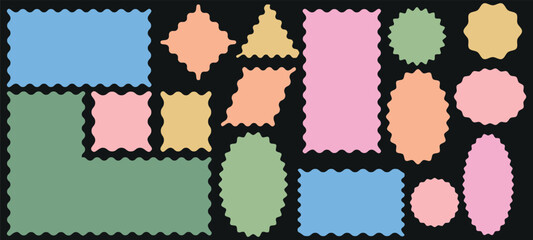 Set of colorful wavy edge frames. Different shapes and sizes frame with zigzag edge. Geometric zig zag wavy labels, isolated on black background. 