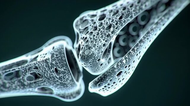Detailed 3D rendering of human bone structure affected by osteoporosis showing porous and weakened bone tissue in a joint illustrating the impact of the disease on skeletal health.